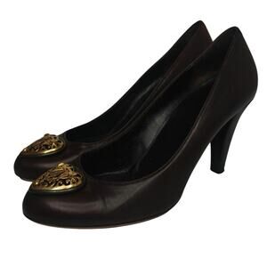 Dark Brown leather Babouska heart crest Gucci pumps sz 38/7.5